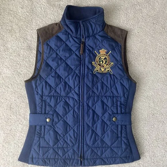 Ralph Lauren Sport Womens Vest S Quilted Crest Crown Logo Suede Trim Equestrian - Picture 2 of 6
